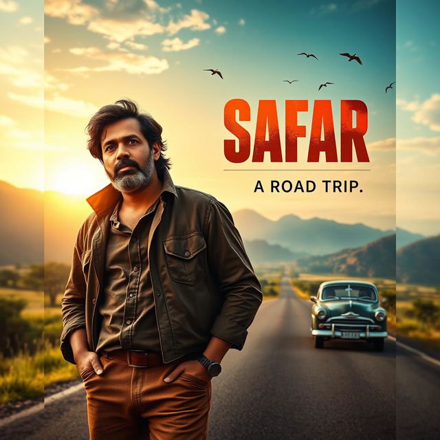 A cinematic film poster for 'SAFAR', featuring an Indian man in his 40s with a thoughtful expression and a rugged look, dressed in a comfortable travel outfit, standing confidently on an open road surrounded by stunning landscapes of mountains, lush greenery, and a vast sky