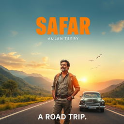 A cinematic film poster for 'SAFAR', featuring an Indian man in his 40s with a thoughtful expression and a rugged look, dressed in a comfortable travel outfit, standing confidently on an open road surrounded by stunning landscapes of mountains, lush greenery, and a vast sky