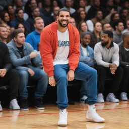 Create a vibrant comic-style image showcasing the prominent music artist Drake, engaging in a friendly basketball match, making a stylish dunk. Kim Kardashian cheering on from the spectators' benches.