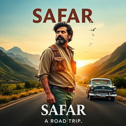 A cinematic film poster for 'SAFAR', featuring an Indian man in his 40s with a thoughtful expression and a rugged look, dressed in a comfortable travel outfit, standing confidently on an open road surrounded by stunning landscapes of mountains, lush greenery, and a vast sky