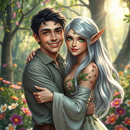 A beautiful scene depicting a happy human and an enchanting elf in a romantic embrace