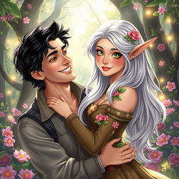 A beautiful scene depicting a happy human and an enchanting elf in a romantic embrace