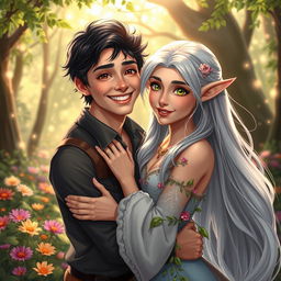 A beautiful scene depicting a happy human and an enchanting elf in a romantic embrace