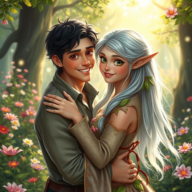 A beautiful scene depicting a happy human and an enchanting elf in a romantic embrace