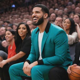 Create a vibrant comic-style image showcasing the prominent music artist Drake, engaging in a friendly basketball match, making a stylish dunk. Kim Kardashian cheering on from the spectators' benches.