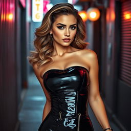 A captivating and attractive woman wearing a tight, shiny black latex corset that perfectly hugs her curves