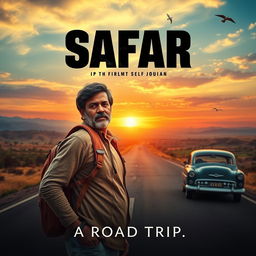 A cinematic film poster for 'SAFAR', featuring an Indian man in his 40s with a rugged appearance and a reflective expression, standing on a picturesque open road