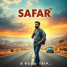 A cinematic film poster for 'SAFAR', featuring an Indian man in his 40s with a rugged appearance and a reflective expression, standing on a picturesque open road