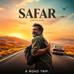 A cinematic film poster for 'SAFAR', featuring an Indian man in his 40s with a rugged appearance and a reflective expression, standing on a picturesque open road