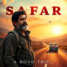 A cinematic film poster for 'SAFAR', featuring an Indian man in his 40s with a rugged appearance and a reflective expression, standing on a picturesque open road