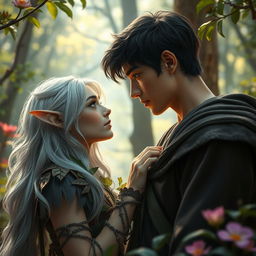 A captivating scene of a human and an elf gazing deeply into each other's eyes