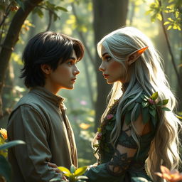 A captivating scene of a human and an elf gazing deeply into each other's eyes