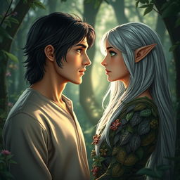 A captivating scene of a human and an elf gazing deeply into each other's eyes