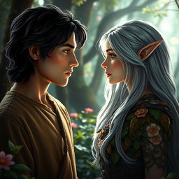 A captivating scene of a human and an elf gazing deeply into each other's eyes