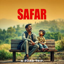 A cinematic film poster for 'SAFAR', showcasing an Indian man in his 40s with a reflective expression, sitting on a weathered wooden bench alongside a child in a serene, unknown picturesque location