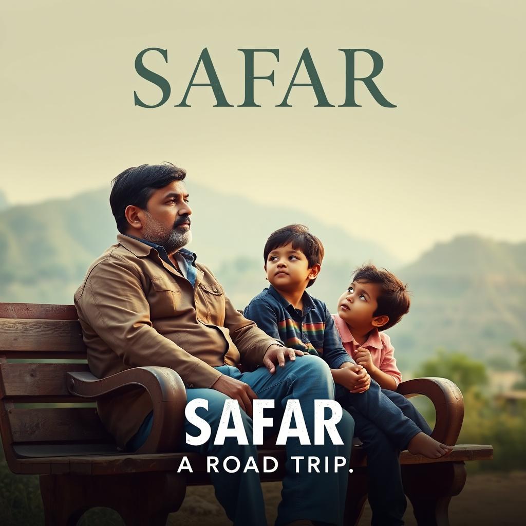 A cinematic film poster for 'SAFAR', showcasing an Indian man in his 40s with a reflective expression, sitting on a weathered wooden bench alongside a child in a serene, unknown picturesque location