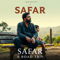 A cinematic film poster for 'SAFAR', showcasing an Indian man in his 40s with a reflective expression, sitting on a weathered wooden bench alongside a child in a serene, unknown picturesque location