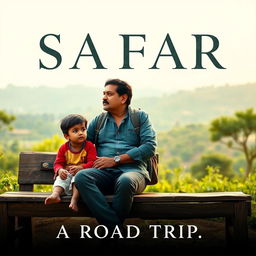 A cinematic film poster for 'SAFAR', showcasing an Indian man in his 40s with a reflective expression, sitting on a weathered wooden bench alongside a child in a serene, unknown picturesque location