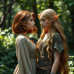 A mesmerizing scene of a human woman and an elf staring into each other's eyes