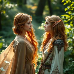 A mesmerizing scene of a human woman and an elf staring into each other's eyes