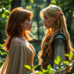 A mesmerizing scene of a human woman and an elf staring into each other's eyes