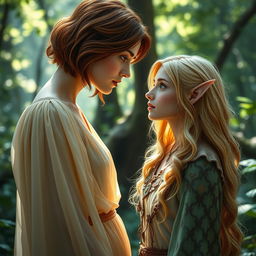 A mesmerizing scene of a human woman and an elf staring into each other's eyes