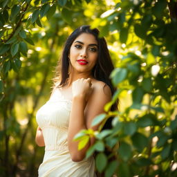 A beautiful, confident desi woman posing gracefully in a serene natural setting, surrounded by lush greenery and soft, warm sunlight filtering through the leaves