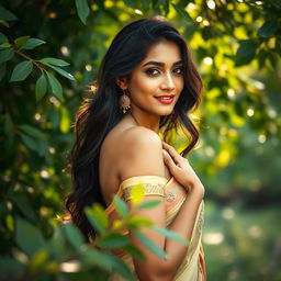 A beautiful, confident desi woman posing gracefully in a serene natural setting, surrounded by lush greenery and soft, warm sunlight filtering through the leaves