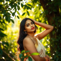 A beautiful, confident desi woman posing gracefully in a serene natural setting, surrounded by lush greenery and soft, warm sunlight filtering through the leaves