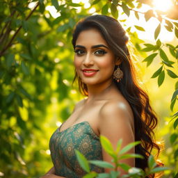 A beautiful, confident desi woman posing gracefully in a serene natural setting, surrounded by lush greenery and soft, warm sunlight filtering through the leaves