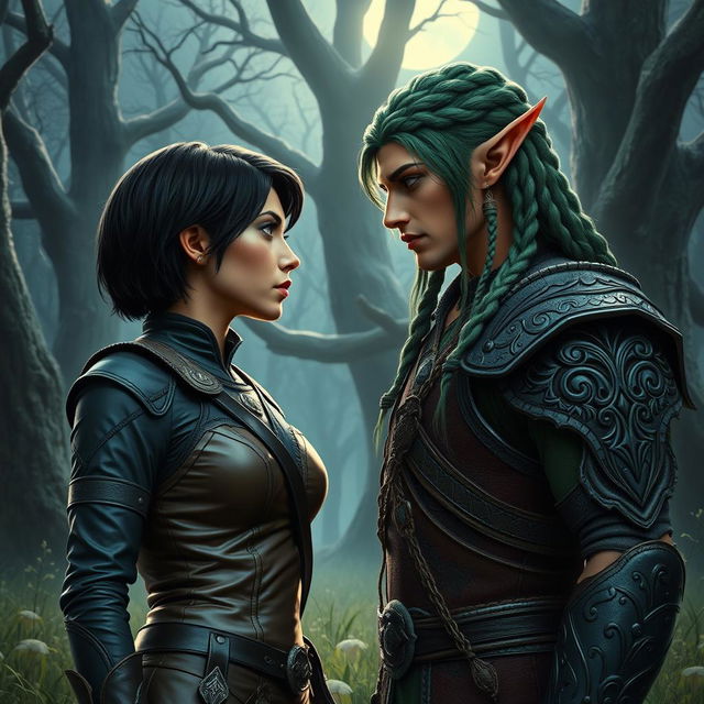 A dramatic scene featuring a human woman and an elf warrior locked in an intense gaze