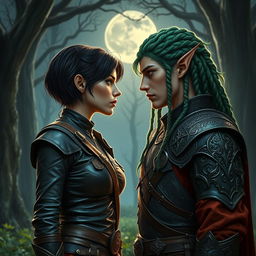 A dramatic scene featuring a human woman and an elf warrior locked in an intense gaze