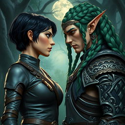 A dramatic scene featuring a human woman and an elf warrior locked in an intense gaze