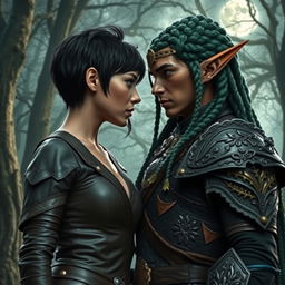 A dramatic scene featuring a human woman and an elf warrior locked in an intense gaze