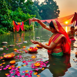 A vibrant and colorful scene featuring a traditional Indian bathing ritual by a river