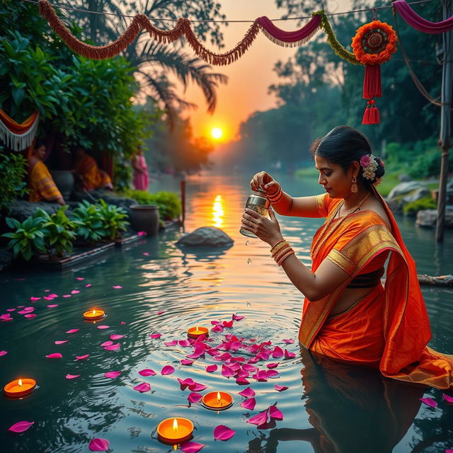 A vibrant and colorful scene featuring a traditional Indian bathing ritual by a river