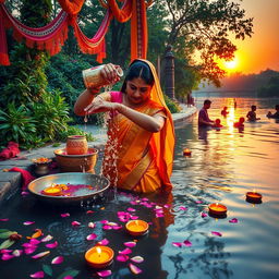 A vibrant and colorful scene featuring a traditional Indian bathing ritual by a river