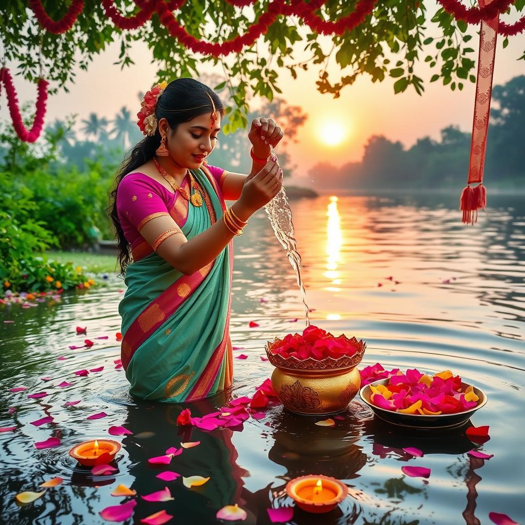 A vibrant and colorful scene featuring a traditional Indian bathing ritual by a river