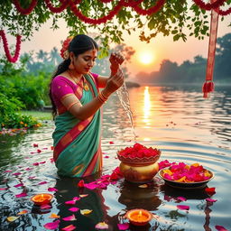 A vibrant and colorful scene featuring a traditional Indian bathing ritual by a river