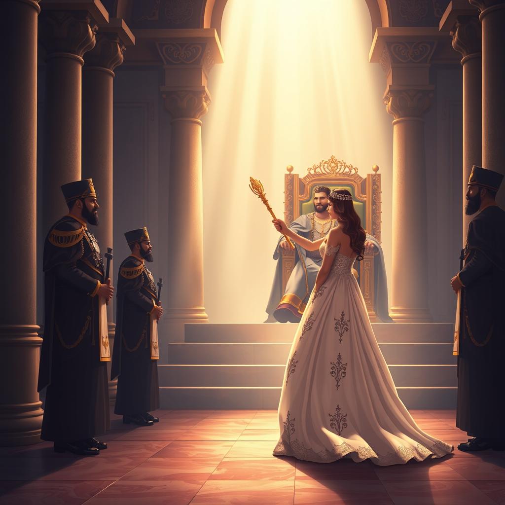 An evocative illustration depicting Queen Esther standing in the inner courtyard of the royal palace as she approaches King Ahasuerus, based on Esther 5:1-2