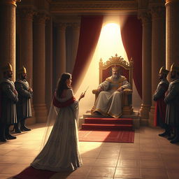 An evocative illustration depicting Queen Esther standing in the inner courtyard of the royal palace as she approaches King Ahasuerus, based on Esther 5:1-2