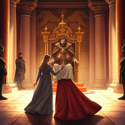 An evocative illustration depicting Queen Esther standing in the inner courtyard of the royal palace as she approaches King Ahasuerus, based on Esther 5:1-2