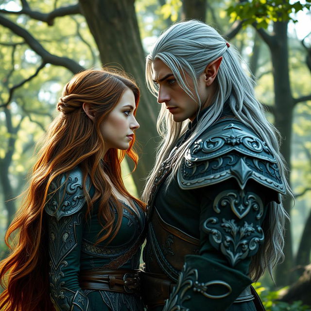 A striking scene featuring a human woman with long, flowing chestnut hair and bright green eyes, standing face-to-face with an elf warrior