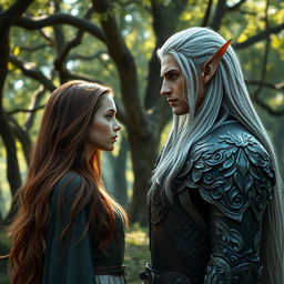 A striking scene featuring a human woman with long, flowing chestnut hair and bright green eyes, standing face-to-face with an elf warrior