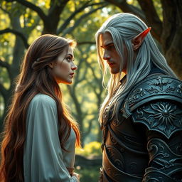 A striking scene featuring a human woman with long, flowing chestnut hair and bright green eyes, standing face-to-face with an elf warrior