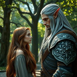 A striking scene featuring a human woman with long, flowing chestnut hair and bright green eyes, standing face-to-face with an elf warrior