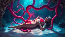 A fantastical and surreal artwork portraying a beautiful naked woman in an underwater cave, resting on a sandy beach