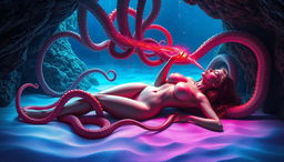 A fantastical and surreal artwork portraying a beautiful naked woman in an underwater cave, resting on a sandy beach