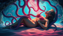 A fantastical and surreal artwork portraying a beautiful naked woman in an underwater cave, resting on a sandy beach