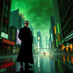 A dynamic scene inspired by the world of The Matrix, featuring dark, futuristic cityscapes filled with neon lights and high-tech architecture